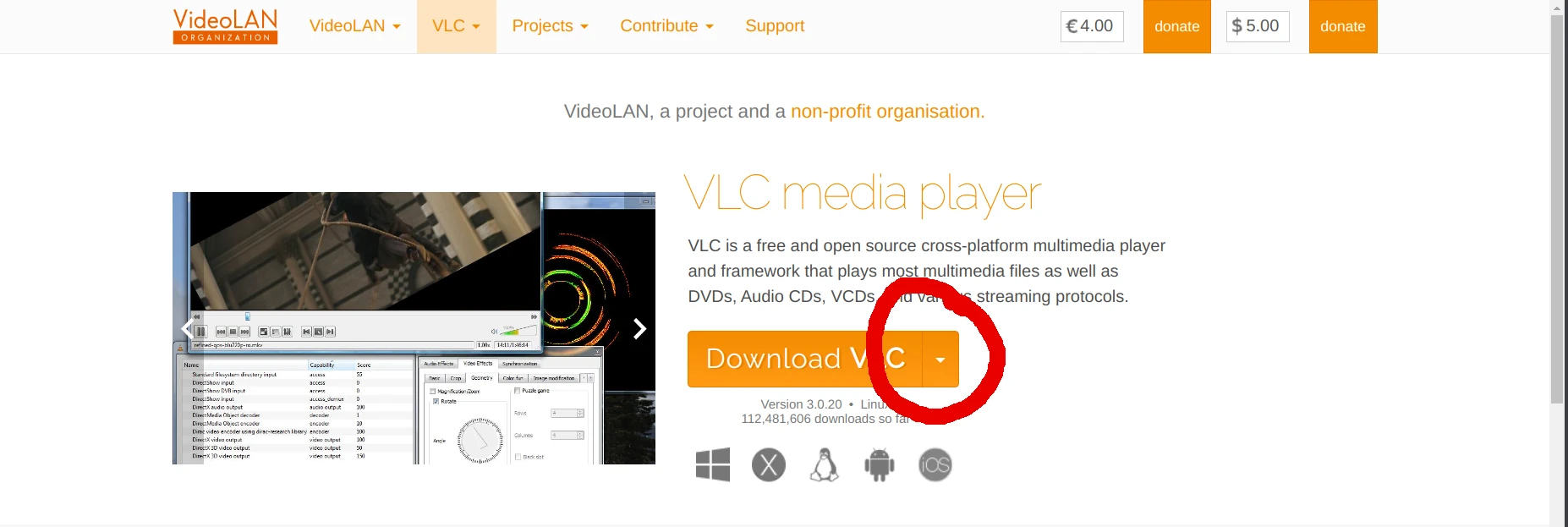 A screenshot of the libvlc website indicating where to click